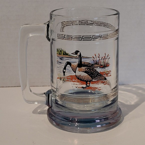 Vintage Ducks Glass Mug Beer Stein Gold Greek Key Accent Dad Father Bar Hunt 5" - Picture 4 of 10